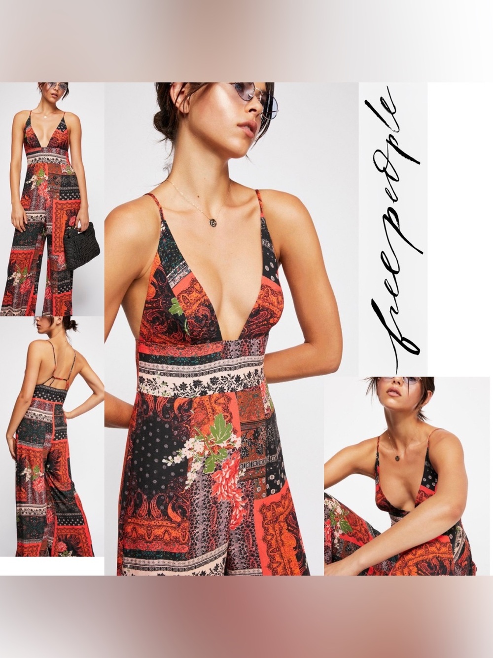 Free People Margarita Patchwork Jumpsuit Wide Leg Boho Red Multi Sz 8